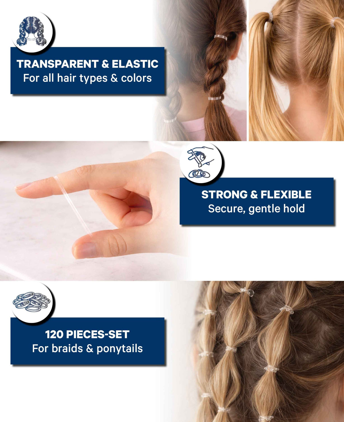 Mini élastiques à cheveux, transparents, 120 p.