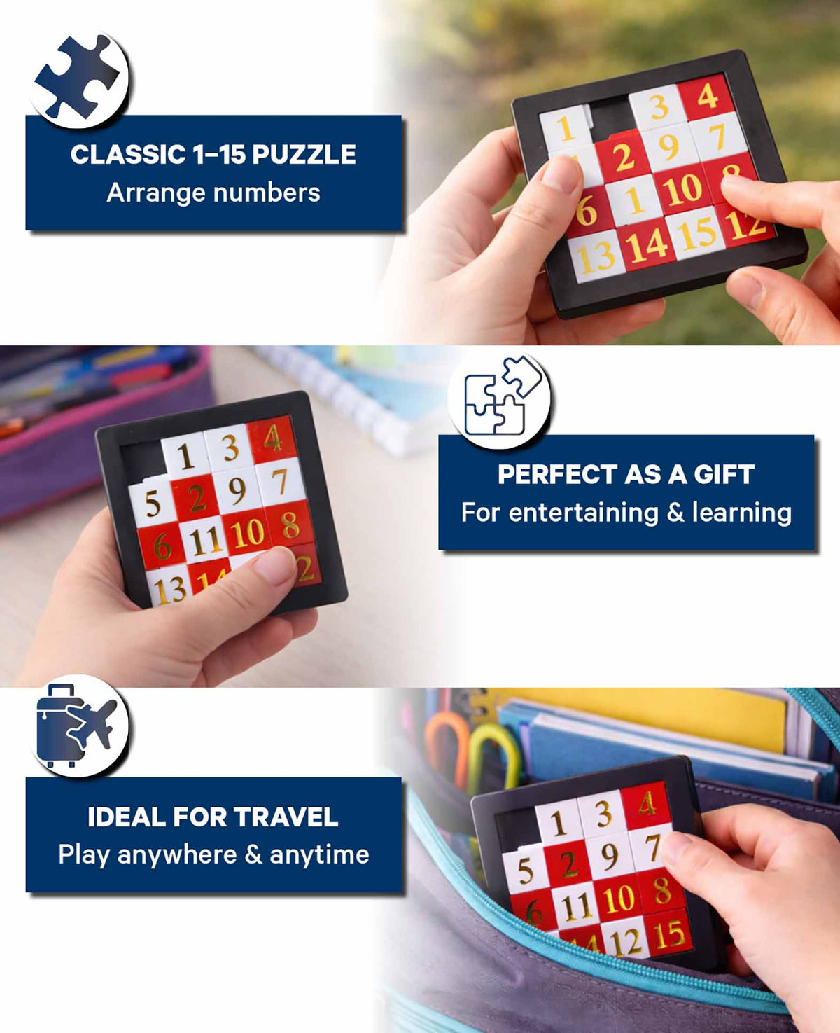 Zahlen Schiebepuzzle, 7 x 7 cm, Geduldsspiel mit Zahlen 1–15