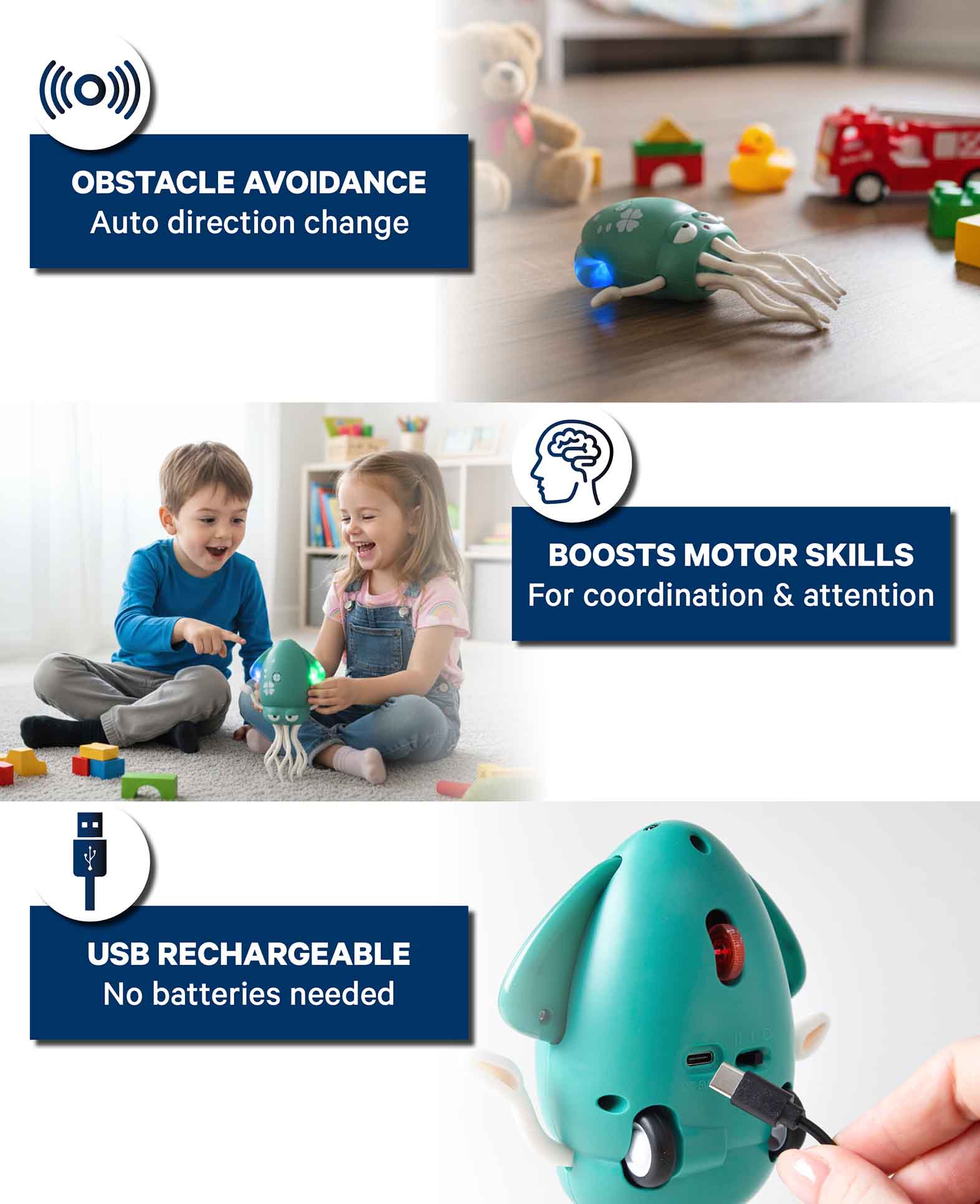 Pieuvre dansante, jouet pour enfants avec musique, effets lumineux et détection d'obstacles