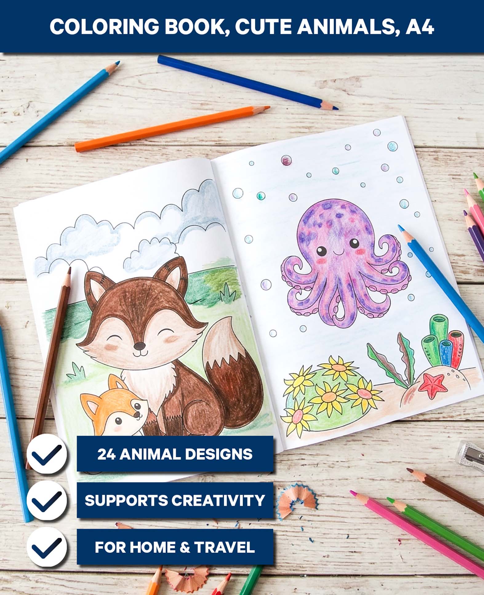 Livre de coloriage Animaux mignons, A4, 24 feuilles
