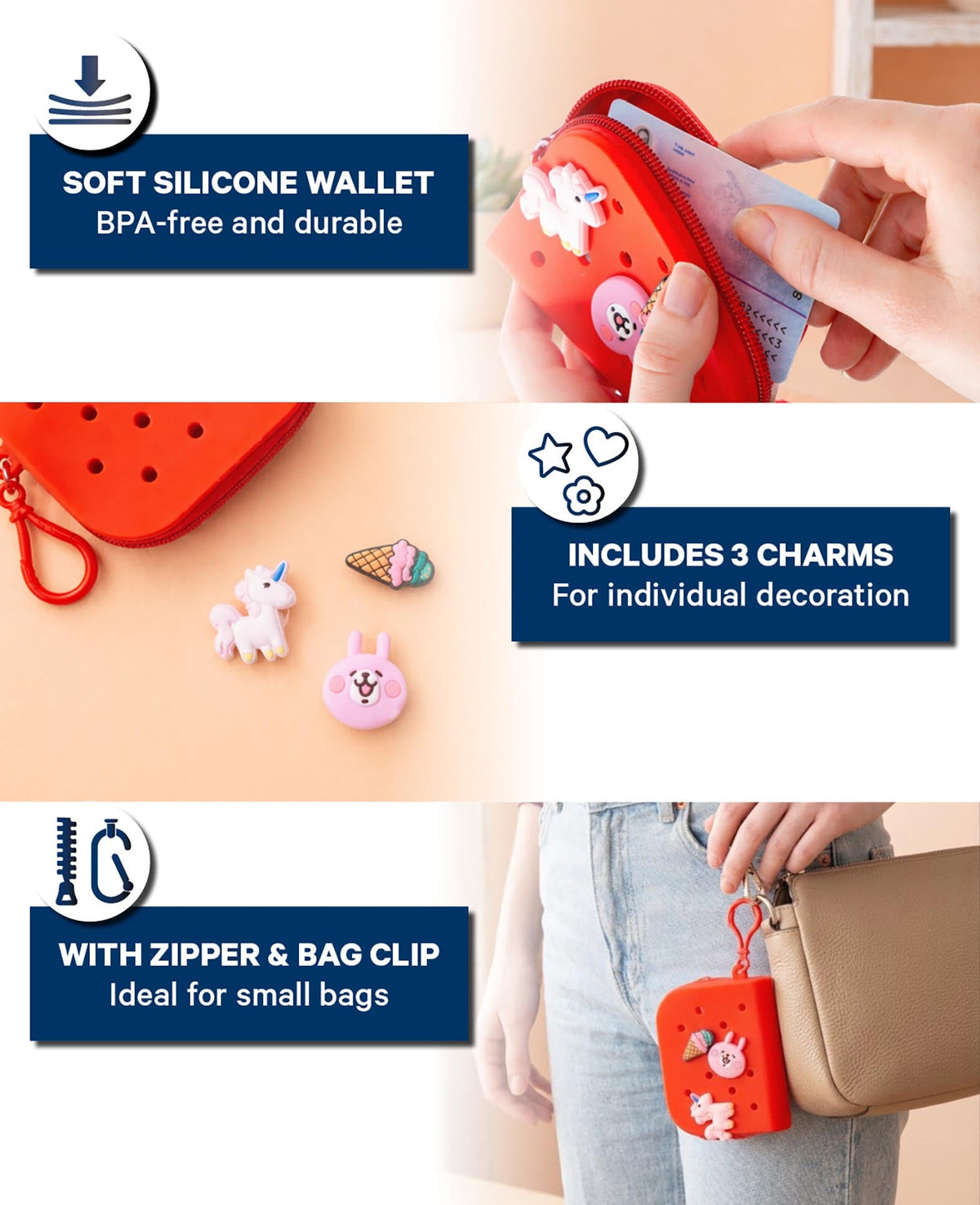 Wallet incl. 3 charms, red, 8 x 10 cm, BPA free