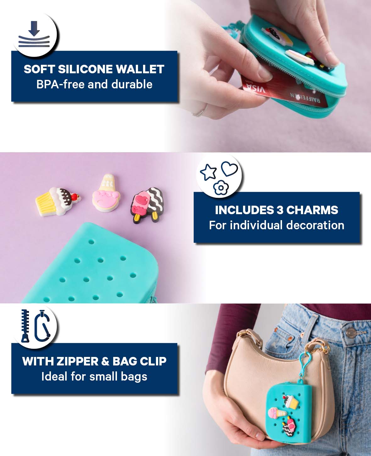 Purse including 3 charms, blue, 8x10 cm, BPA free