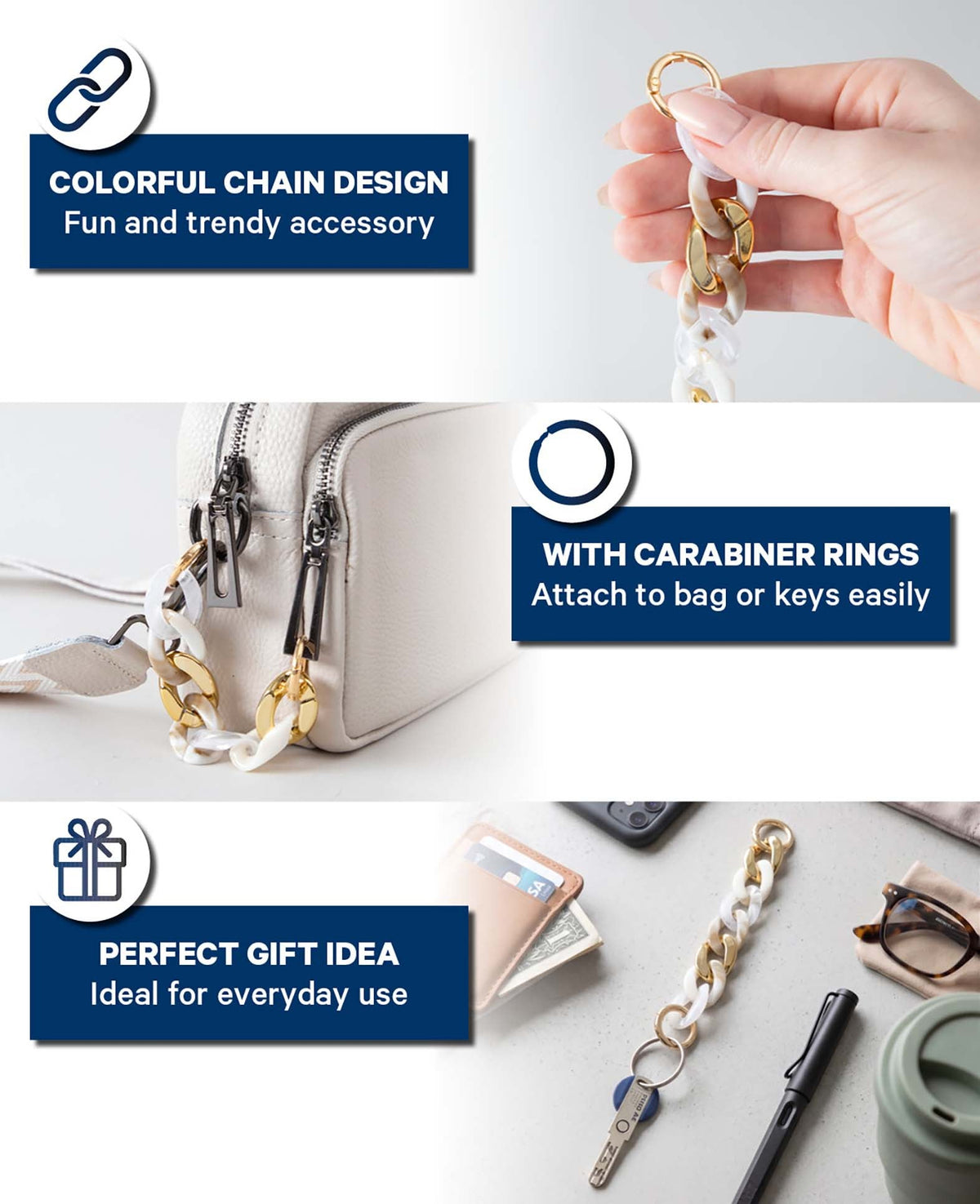 Bag charm, necklace, gold/white, 2.5 x 15.5 cm