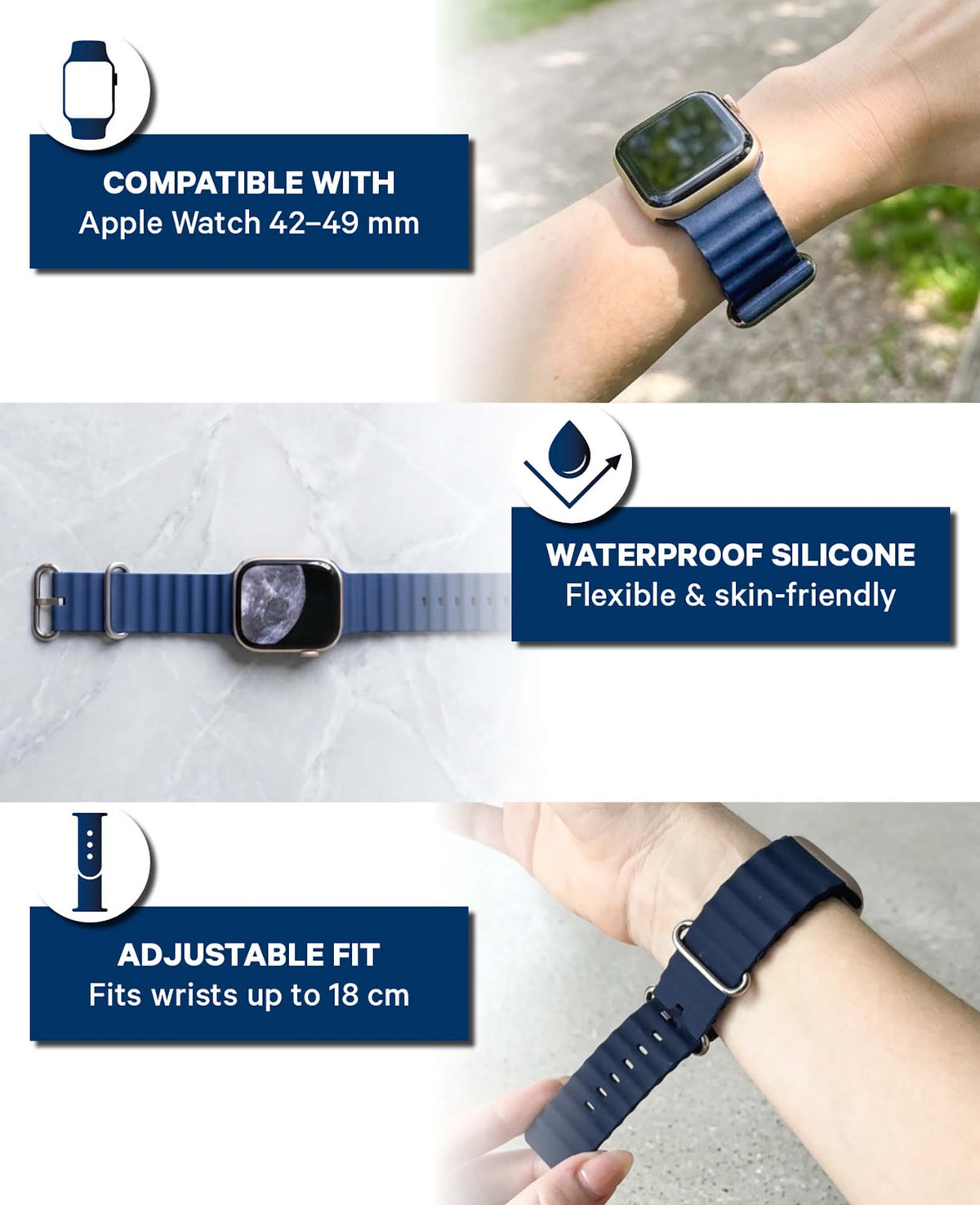 Bracelet Apple Watch - Bleu foncé 42-49 mm - Forme ondulée