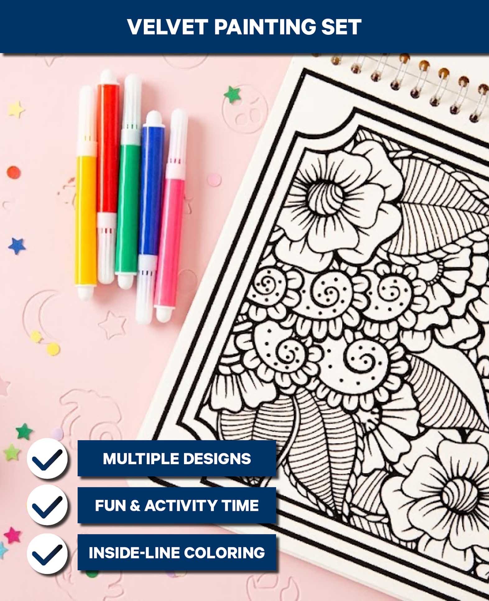 Kit de coloriage velours, 6 feuilles et 5 feutres