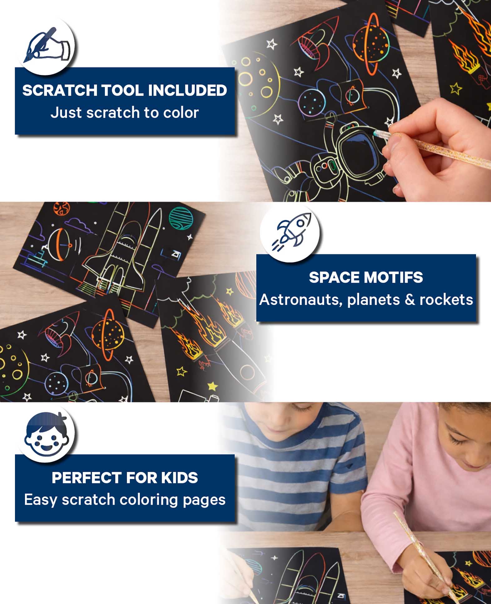 Scratchset für Kinder, Kratzbild, Weltall, 6 Blätter & 1 Scratchstift