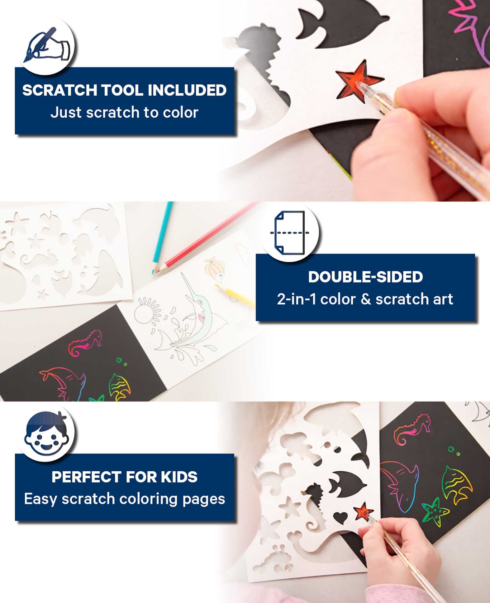 Scratchpapier für Kinder, Kratzpapier, Ozean, 5 Blatt inkl. Schablone