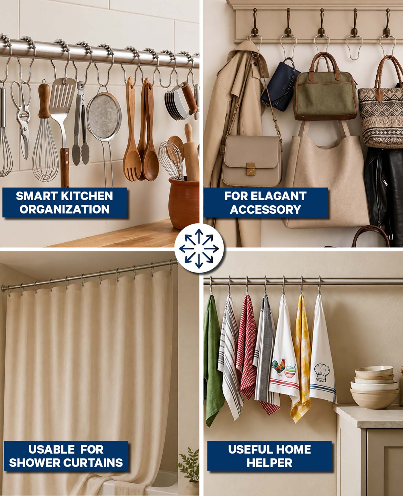 Curtain hooks, metal, silver, 43 x 76 mm, 4 pcs.