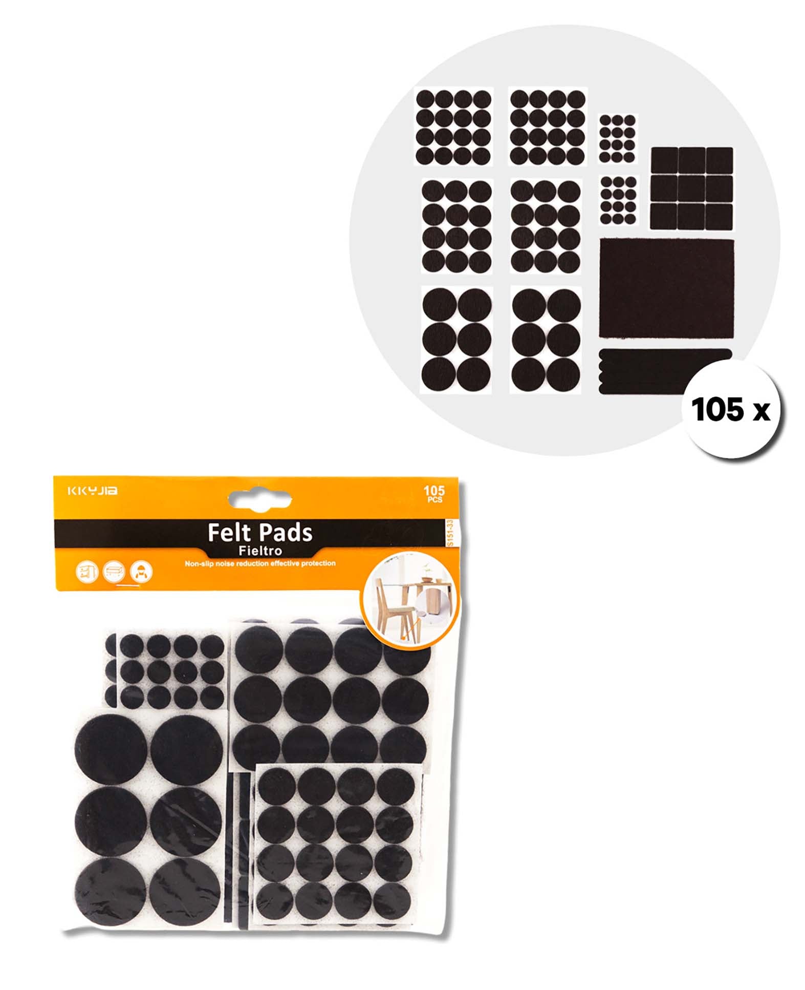 Filzgleiter Set, selbstklebend, rund, schwarz, 105 Stk.