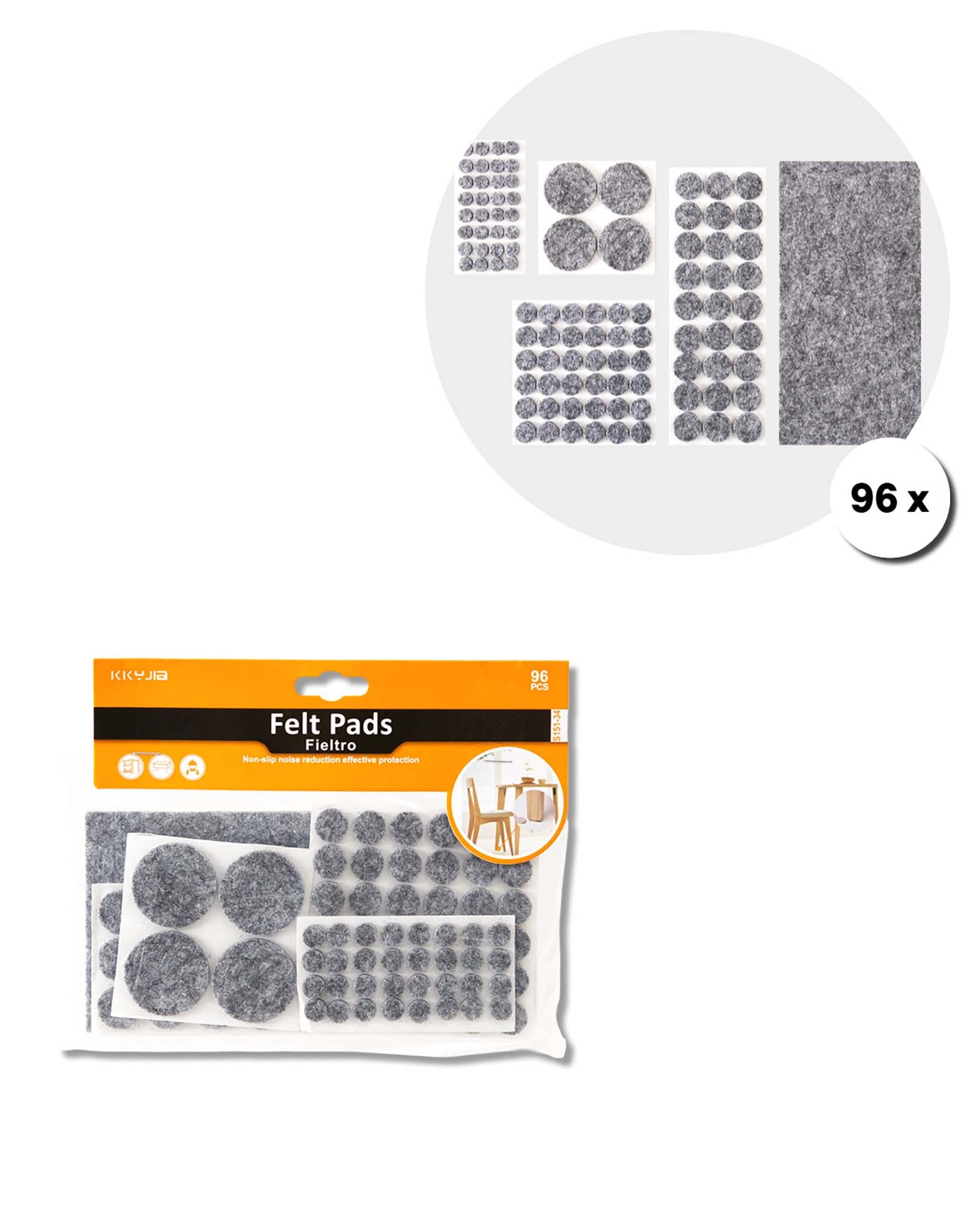 Filzgleiter Set, selbstklebend, rund/ eckig, grau, 96 Stk.