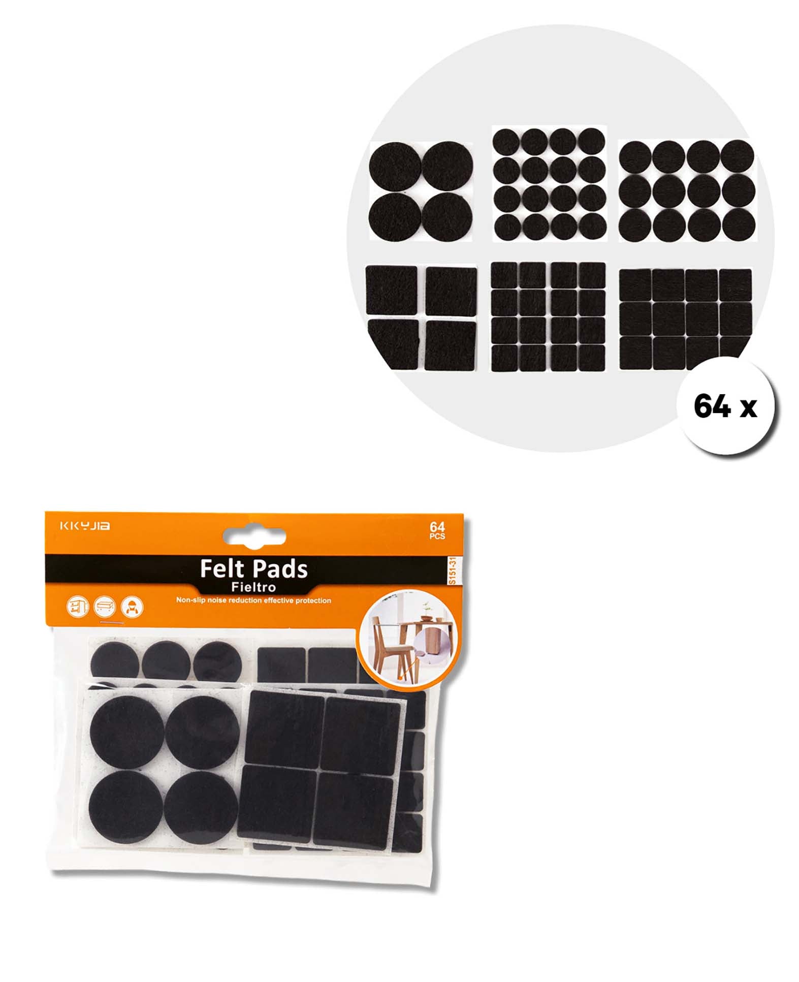 Filzgleiter Set, selbstklebend, rund/ eckig, schwarz, 64 Stk.