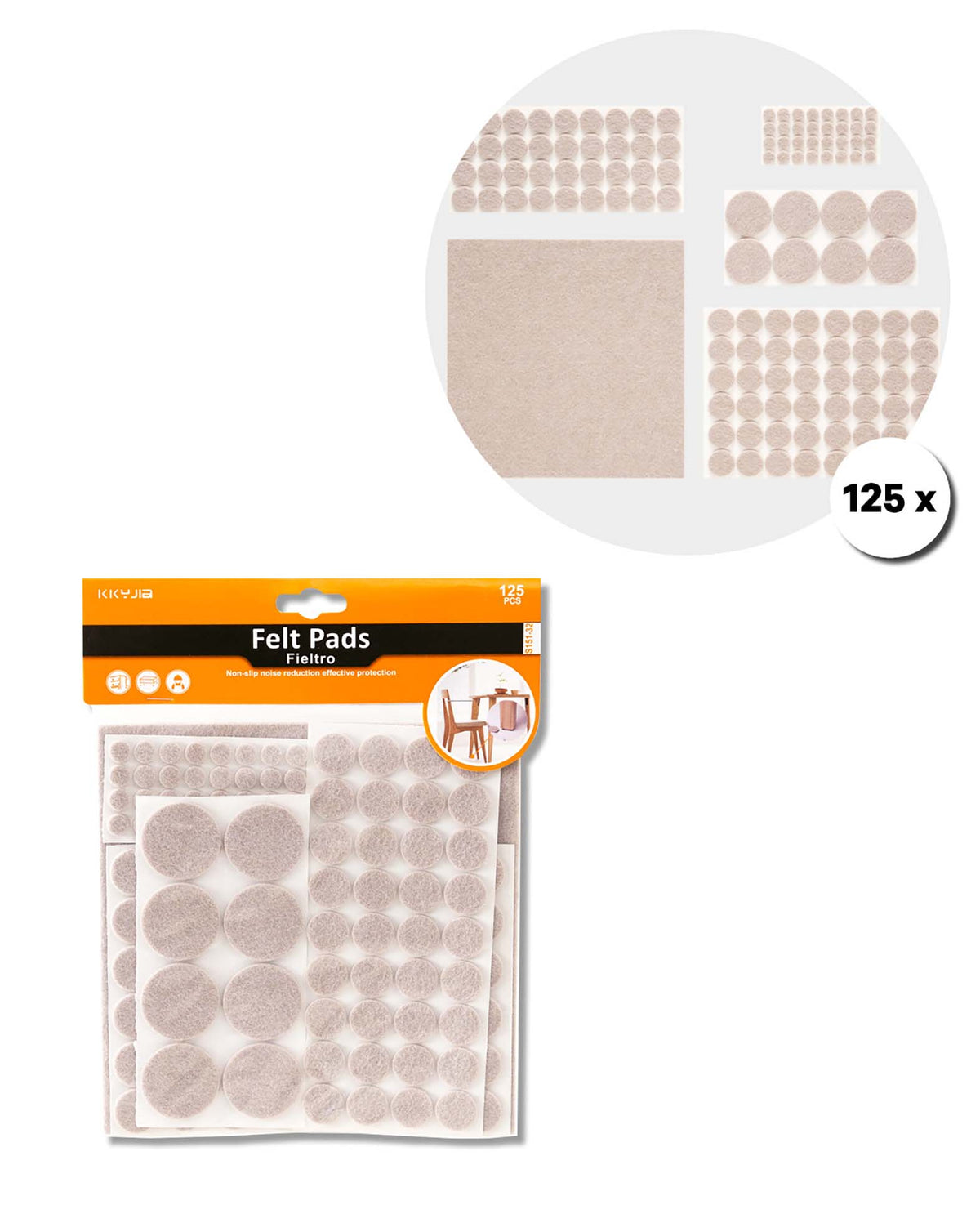 Filzgleiter Set, selbstklebend, rund/ eckig, beige, 125 Stk.