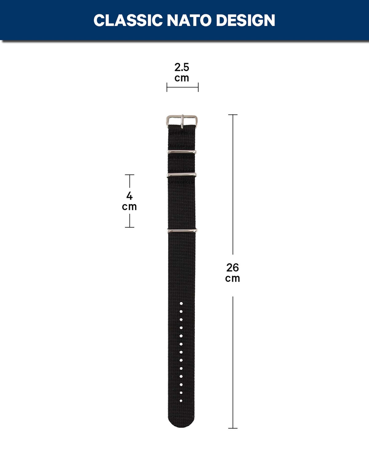 Nato-Uhrenarmband aus Nylon, Schwarz, 22 mm, Länge 26 cm