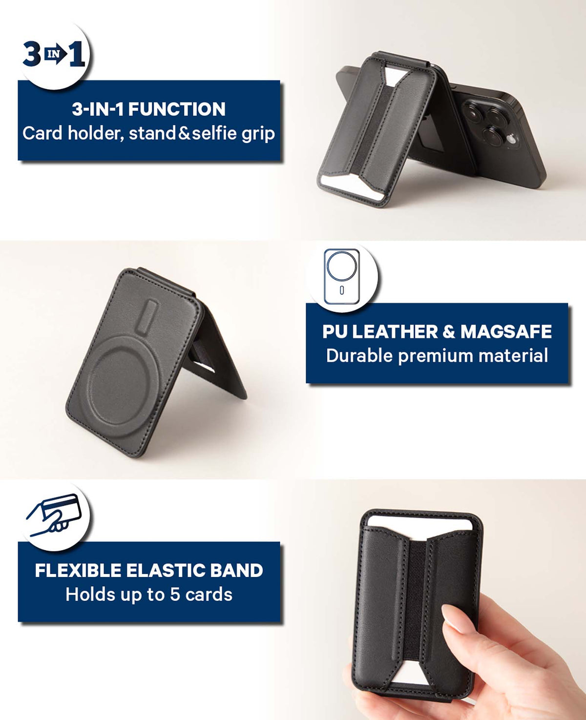MagSafe iPhone Kartenhalter mit Ständer, Schwarz, PU Leder