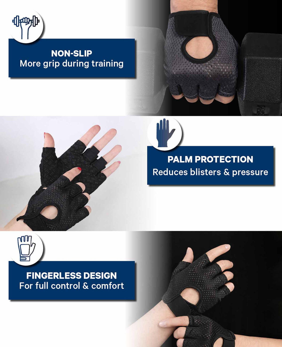 Fitness Handschuhe, Schwarz, Grösse L, rutschfeste Handfläche