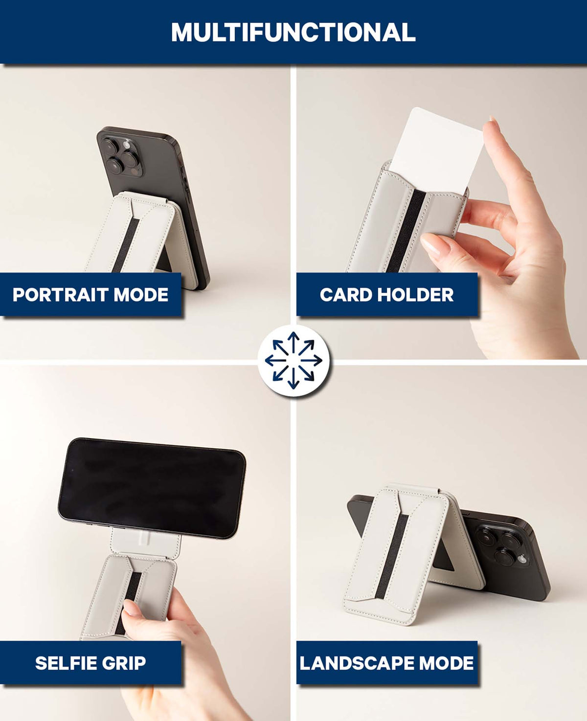 MagSafe iPhone Kartenhalter mit Ständer, Hellgrau, PU Leder
