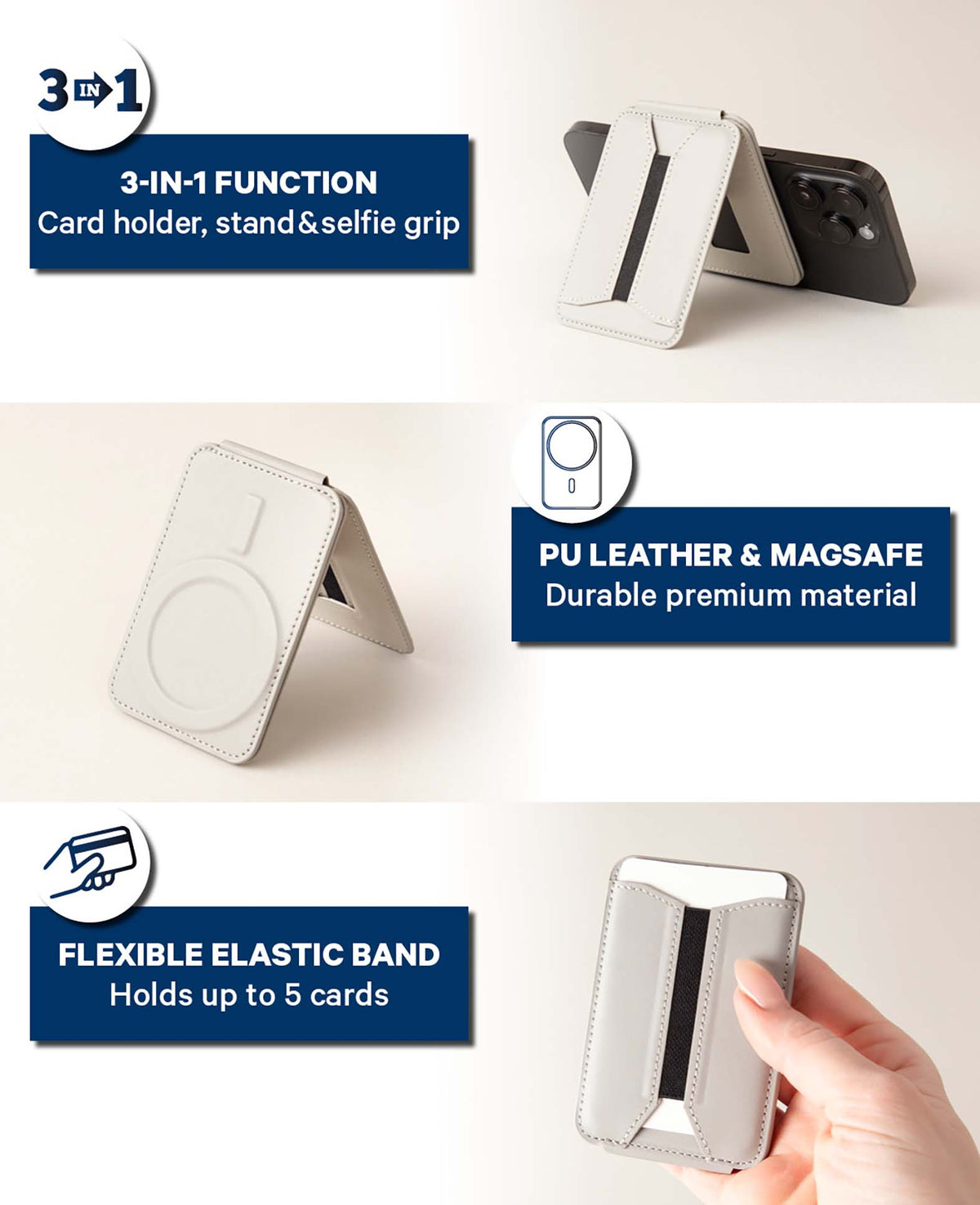 MagSafe iPhone Kartenhalter mit Ständer, Hellgrau, PU Leder