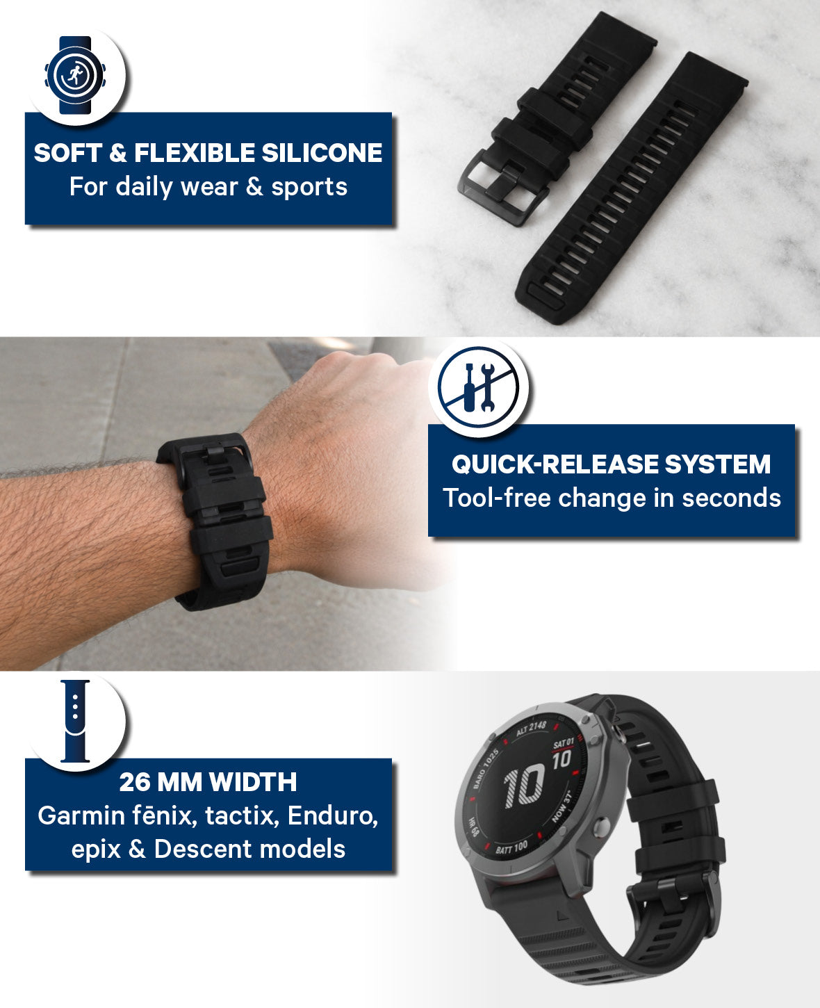 QuickFit Silikonarmband für Garmin, Schwarz, 26 mm