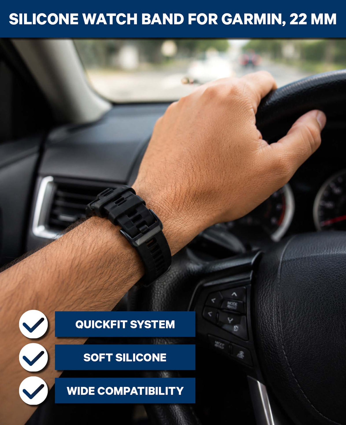 QuickFit Silikonarmband für Garmin, Schwarz, 22 mm