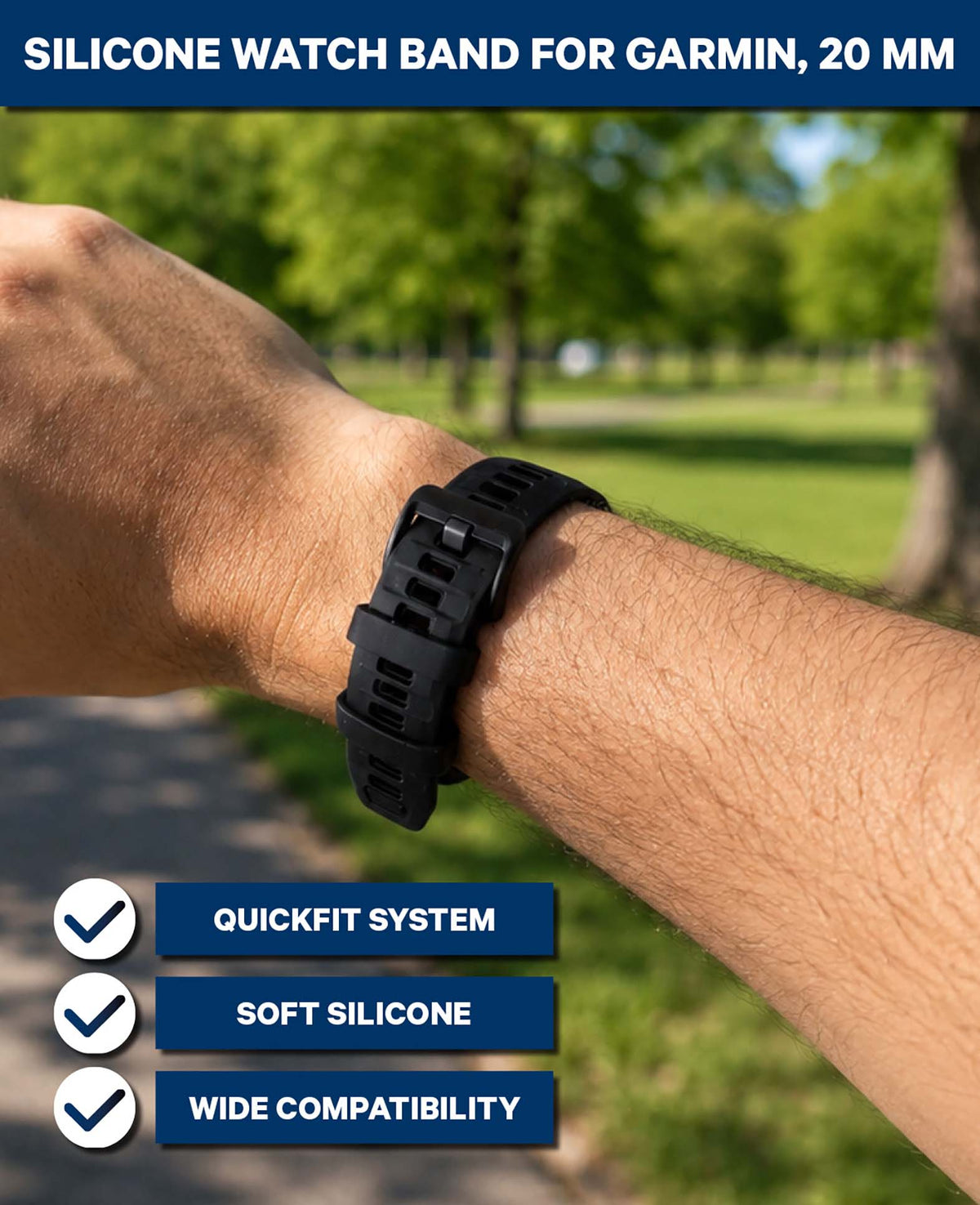 QuickFit Silikonarmband für Garmin, Schwarz, 20 mm