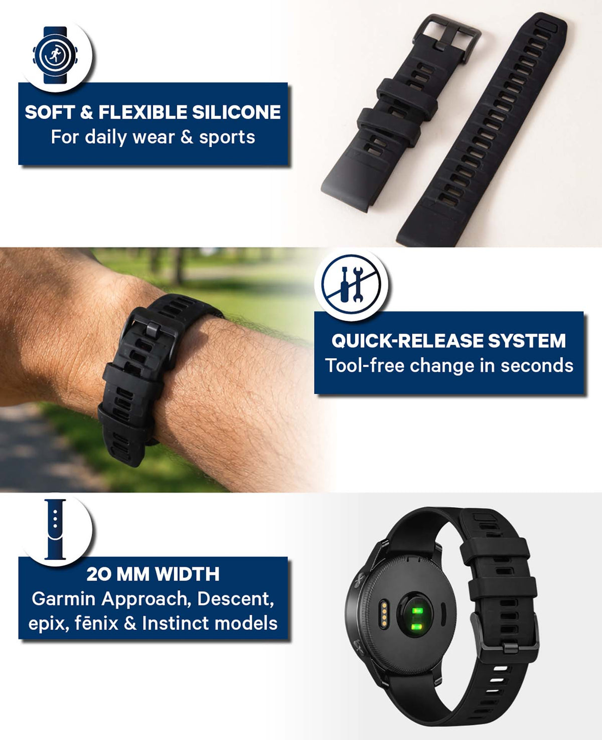 QuickFit Silikonarmband für Garmin, Schwarz, 20 mm