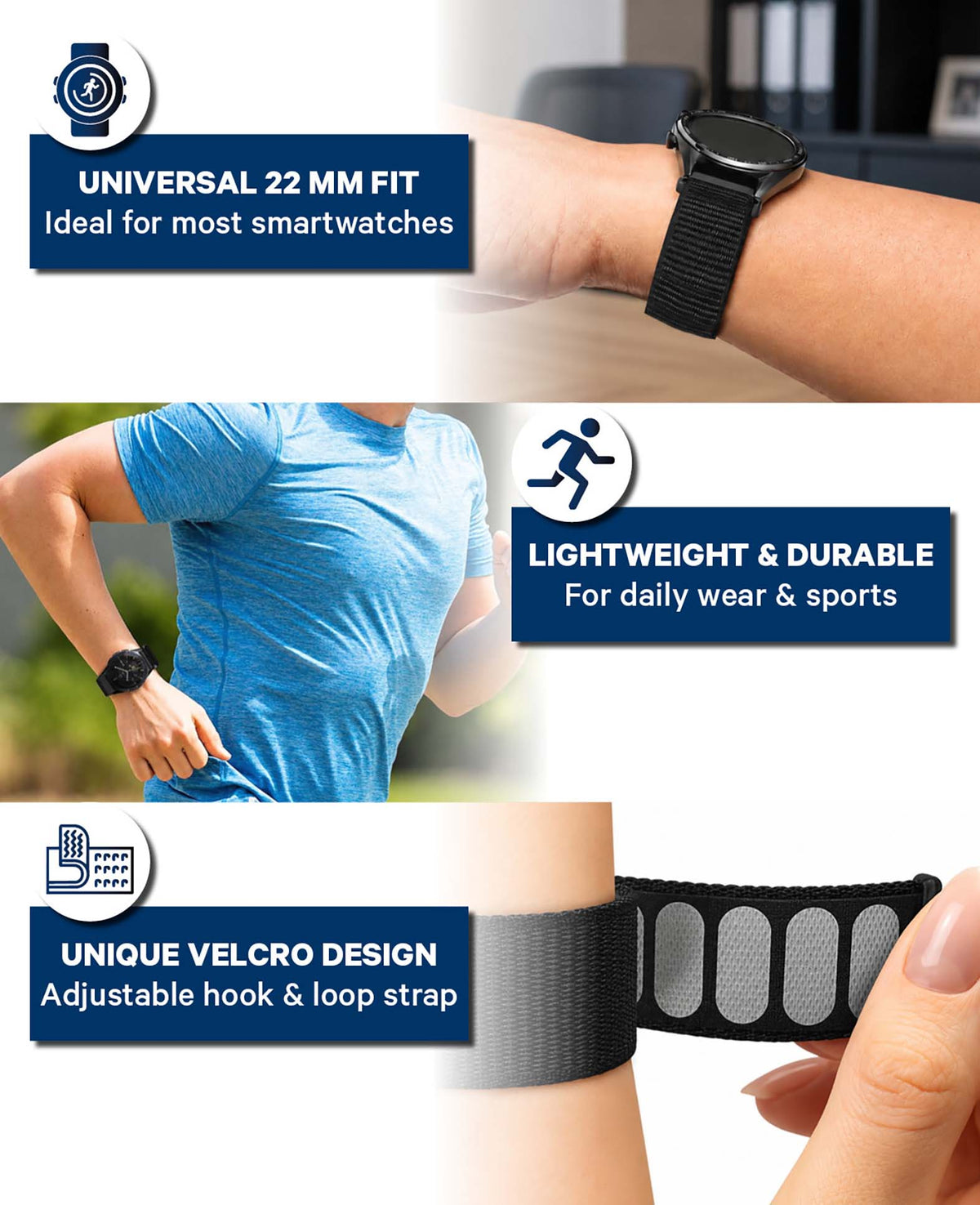Nylon Smartwatch Armband, Schwarz, 22 mm