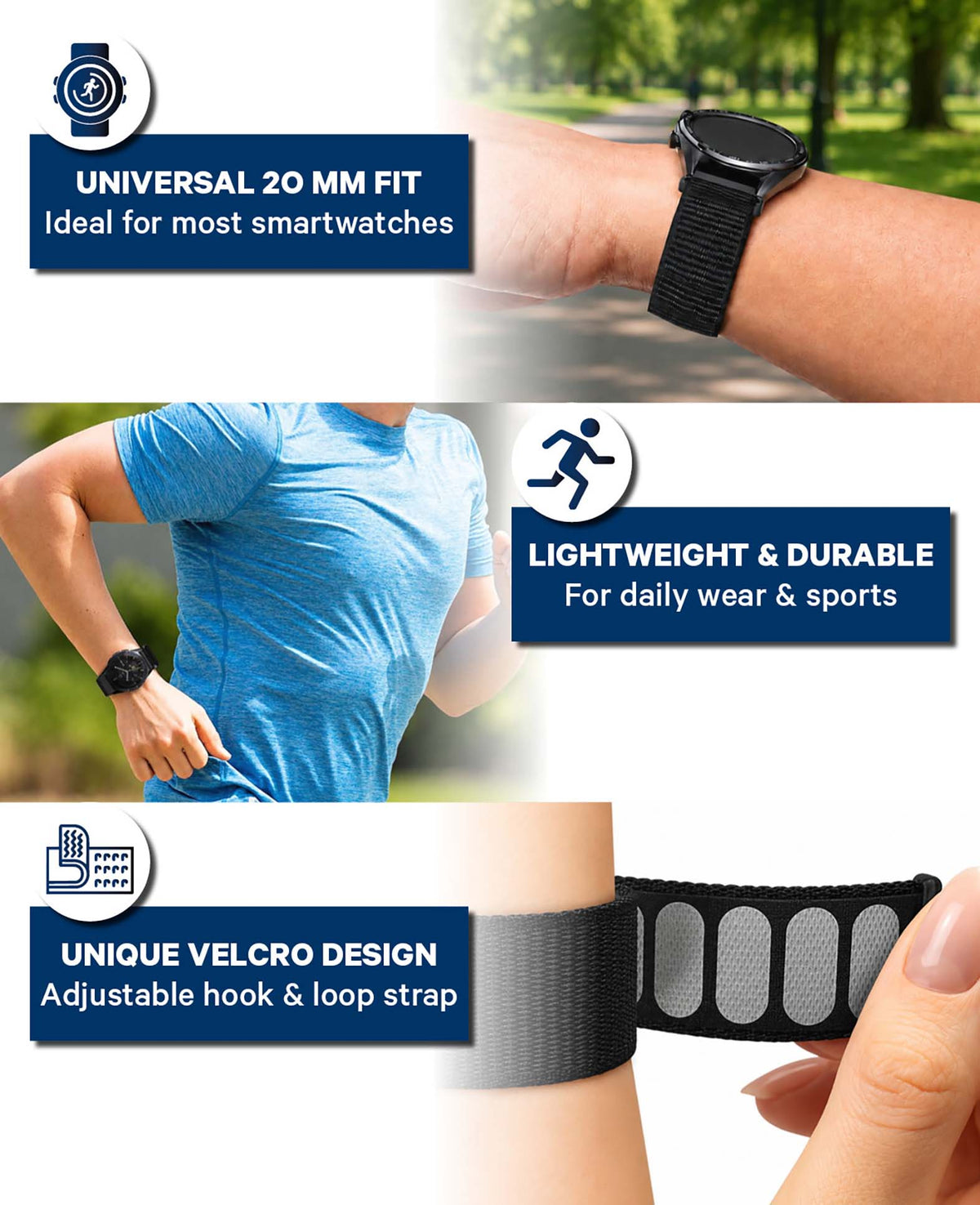Nylon Smartwatch Armband, Schwarz, 20 mm