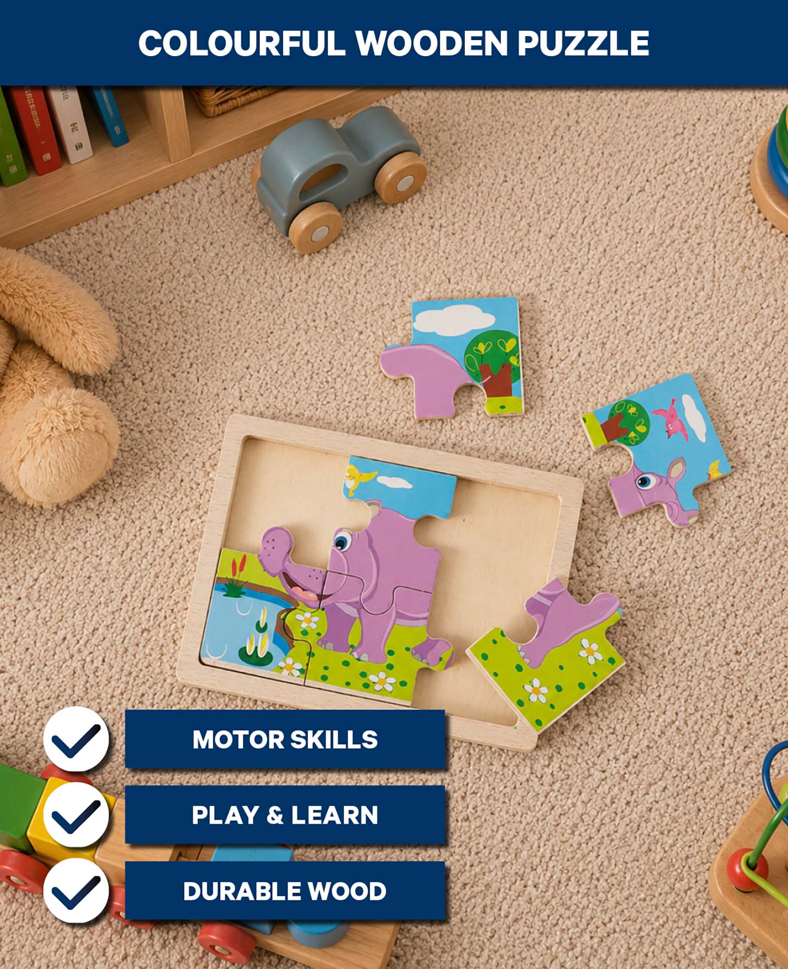 Holzpuzzle Nilpferd, 6 Teile