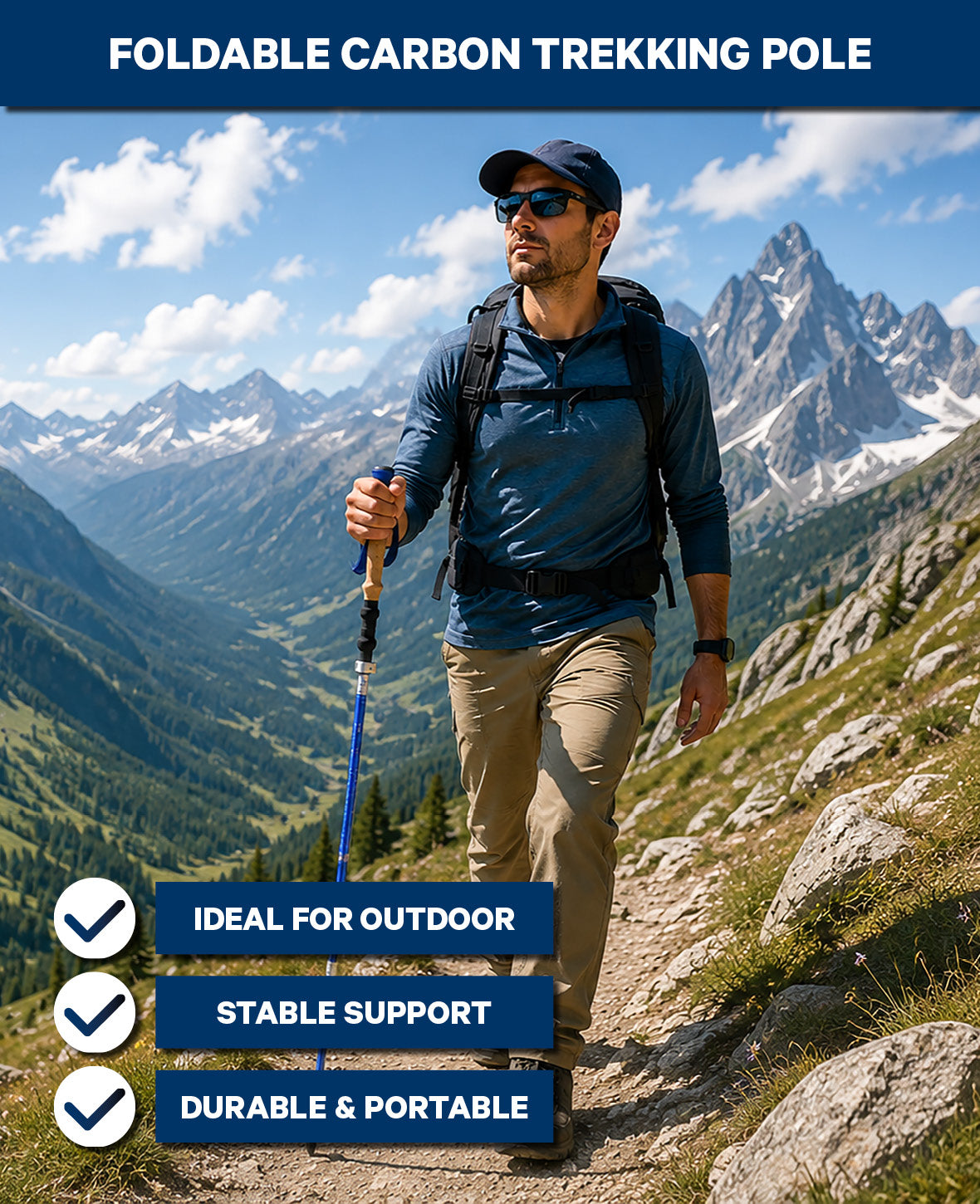 Klappbarer Wanderstock Carbon, Blau