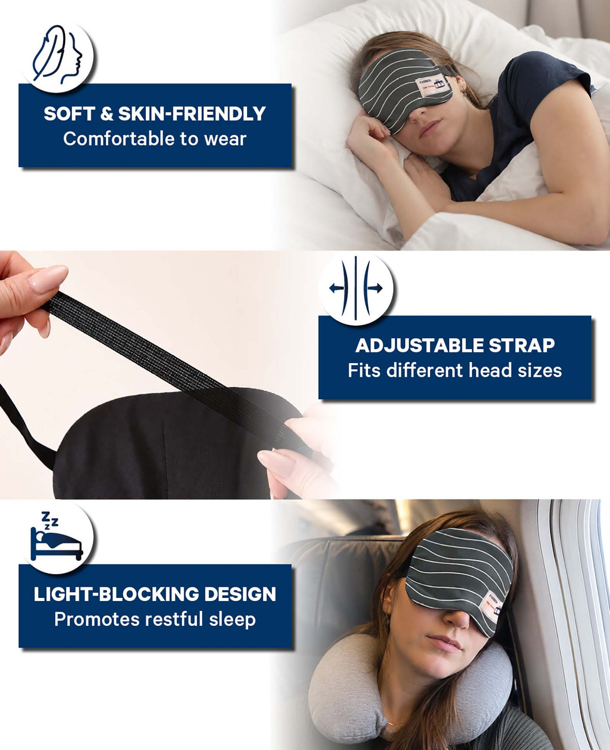 Schlafmaske Soft Touch, Grau gestreift