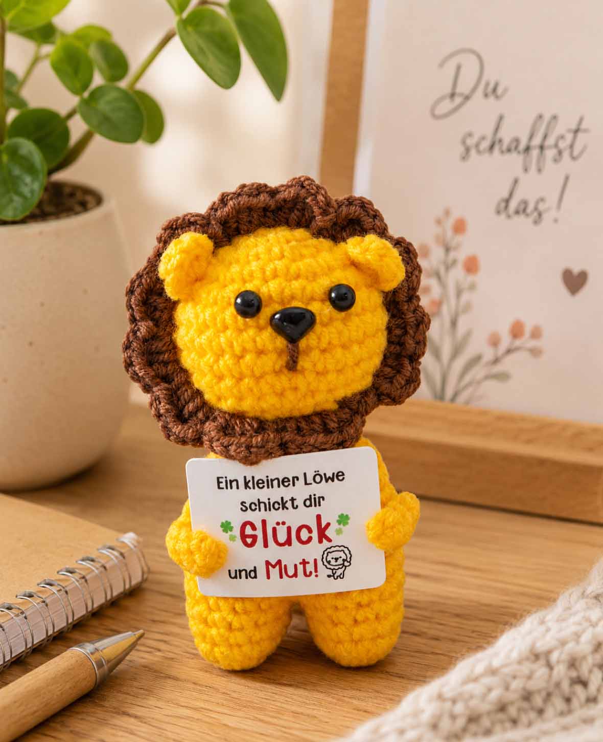 Positive Löwe, Gehäkeltes Mini Plüschtier / Glücksbringer, Braun