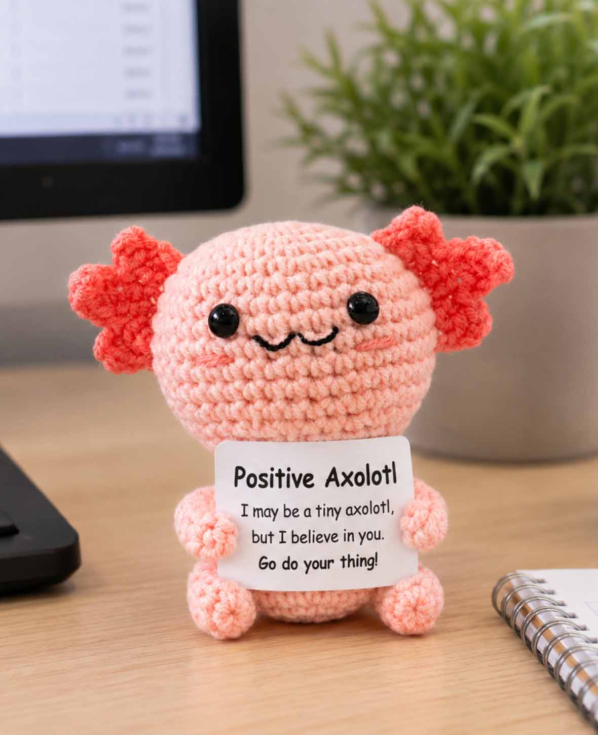 Positive Axolotl, Gehäkeltes Mini Plüschtier / Glücksbringer, Rosa/Koralle, ca. 9 x 9 cm