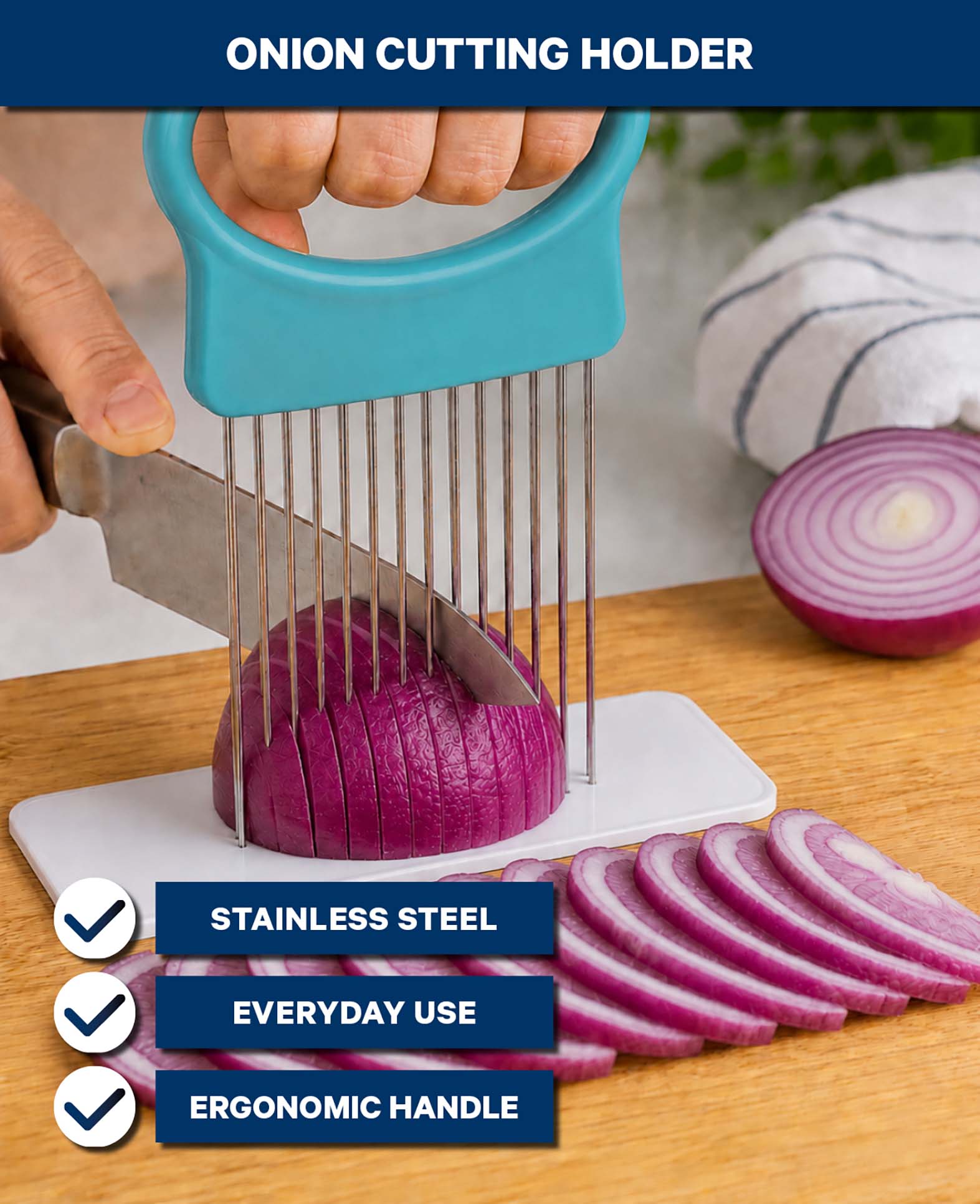 Zwiebelhalter Edelstahl, Blau