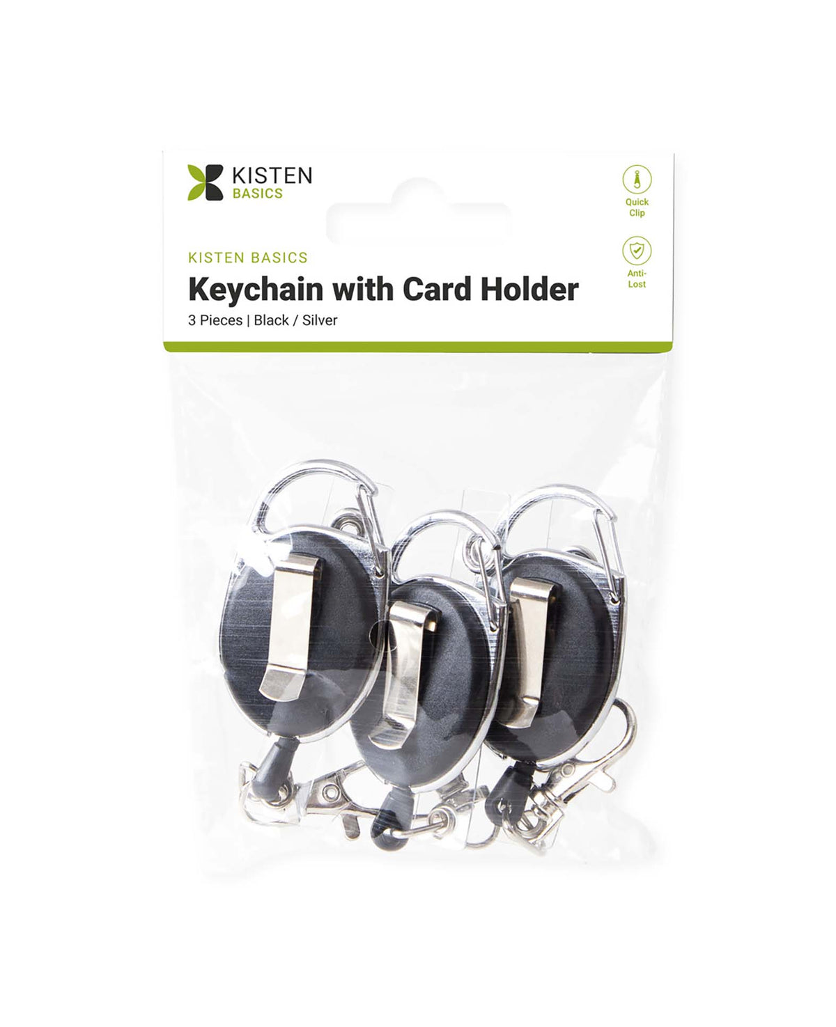 Schlüsselanhänger ausziehbar mit Gürtelclip und Kartenhalter, Schwarz/Silber, 3 Stk.