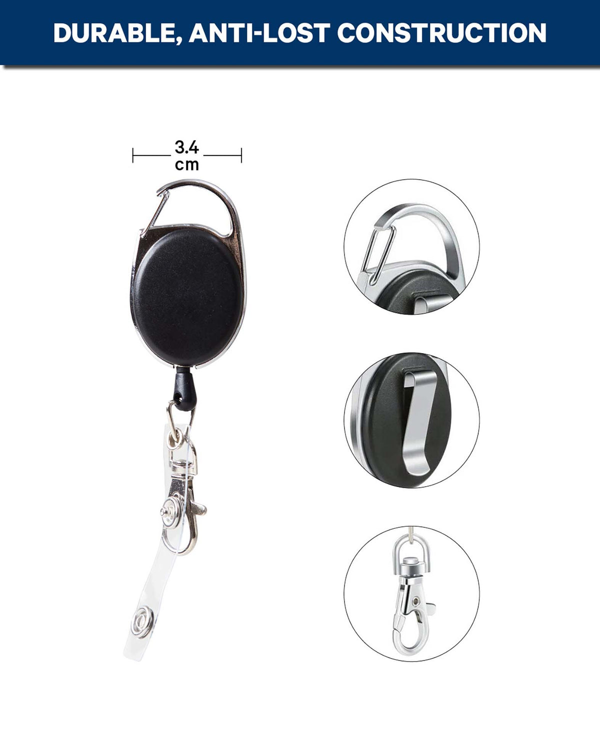 Schlüsselanhänger ausziehbar mit Gürtelclip und Kartenhalter, Schwarz/Silber, 3 Stk.