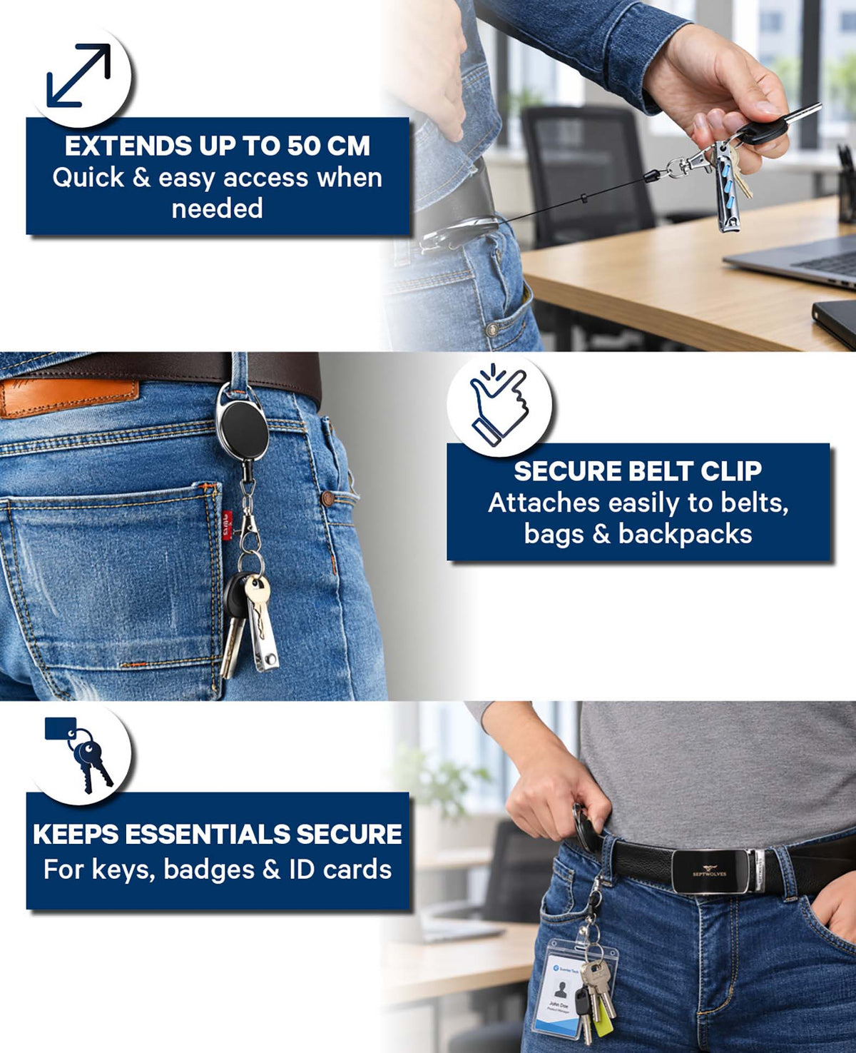 Schlüsselanhänger ausziehbar mit Gürtelclip und Kartenhalter, Schwarz/Silber, 3 Stk.