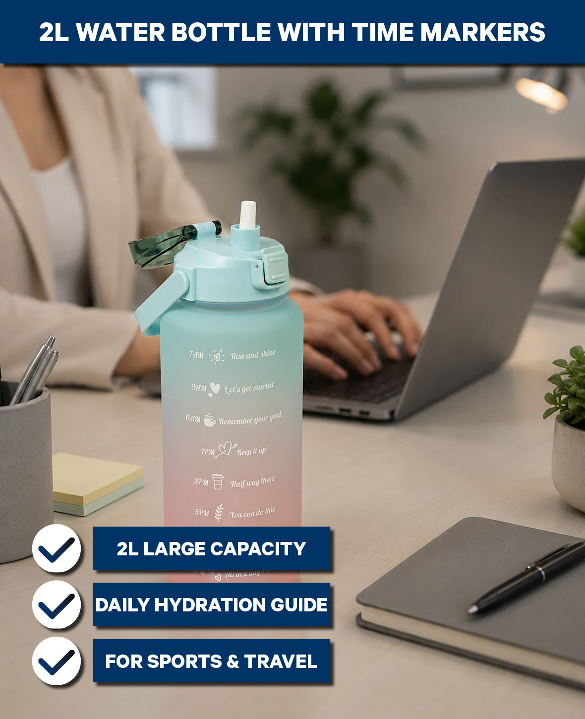 (2L) Tragbare Fitness Trinkflasche mit Zeit Markierung, Pastell