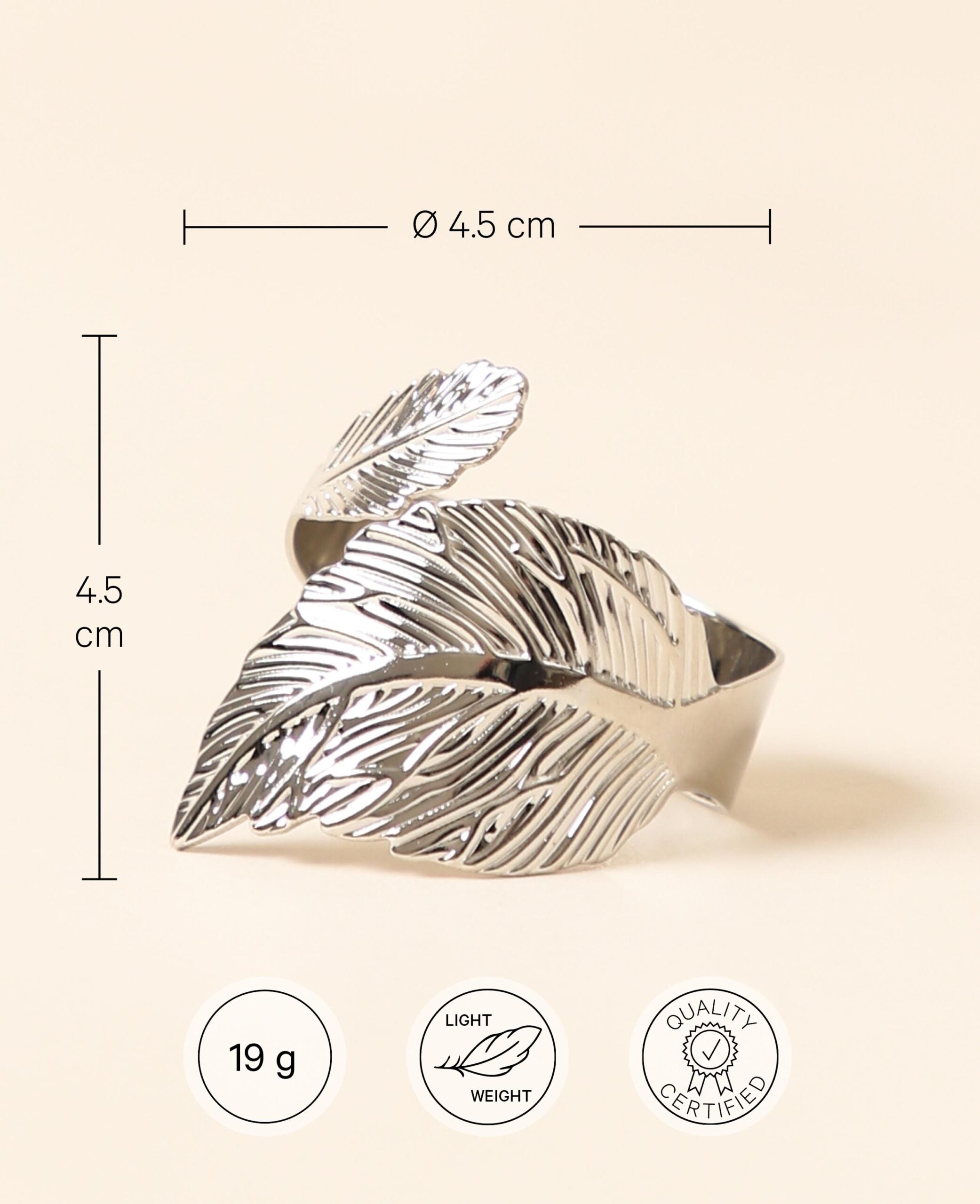 Eleganter Serviettenring in Feder / Blattform aus Metall für Stoffservietten, Ø 4.5 cm Silber