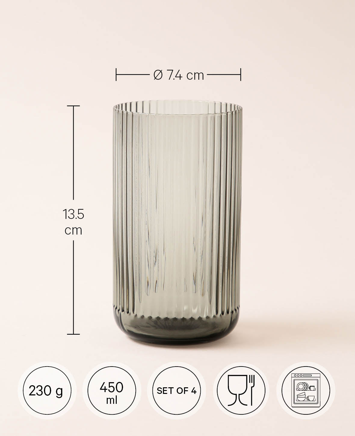 4er Set Trinkgläser "Oskar", aus grauem Glas mit Rillenstruktur, Ø 7.4 cm, 450 ml