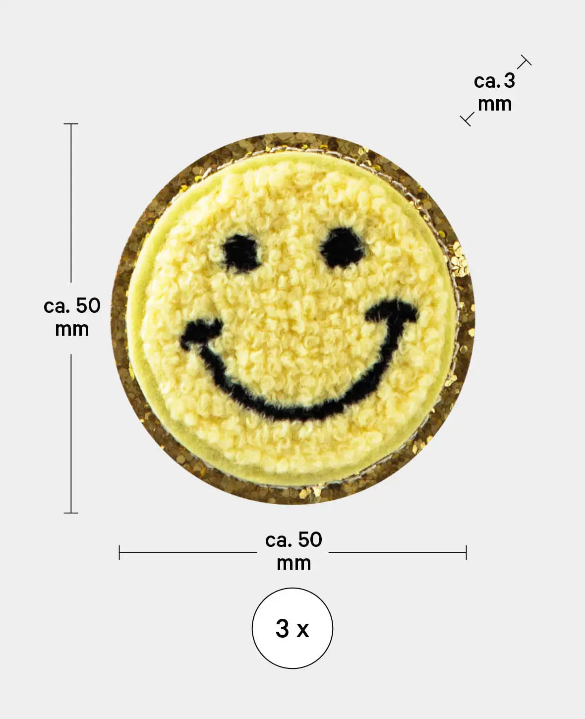 Écusson thermocollant "Smiley", à repasser et à coudre, coloré, env. ø 5 cm, 3 pcs