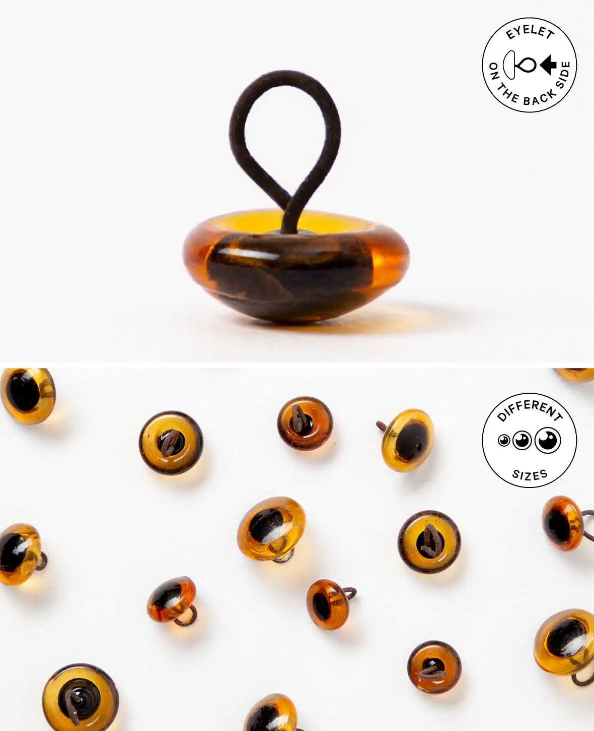 Yeux pour animaux avec anneau, verre, env. ø 12 mm, marron, 6 pcs.