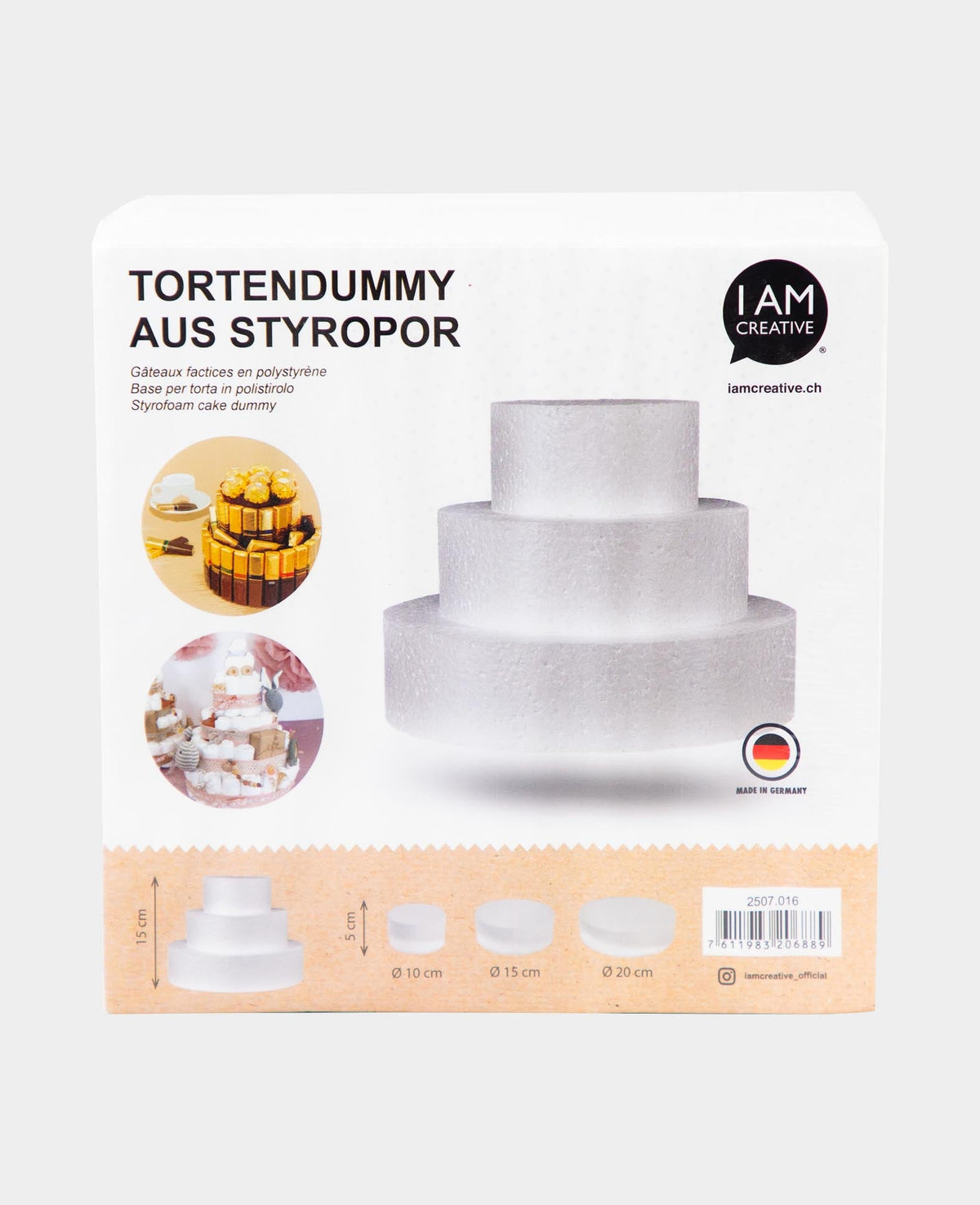 Styroportorten-Set, Tortendummy / Windeltorte, Weiss, ø 10 / 15 / 20 x 5 cm, 3 Stk.