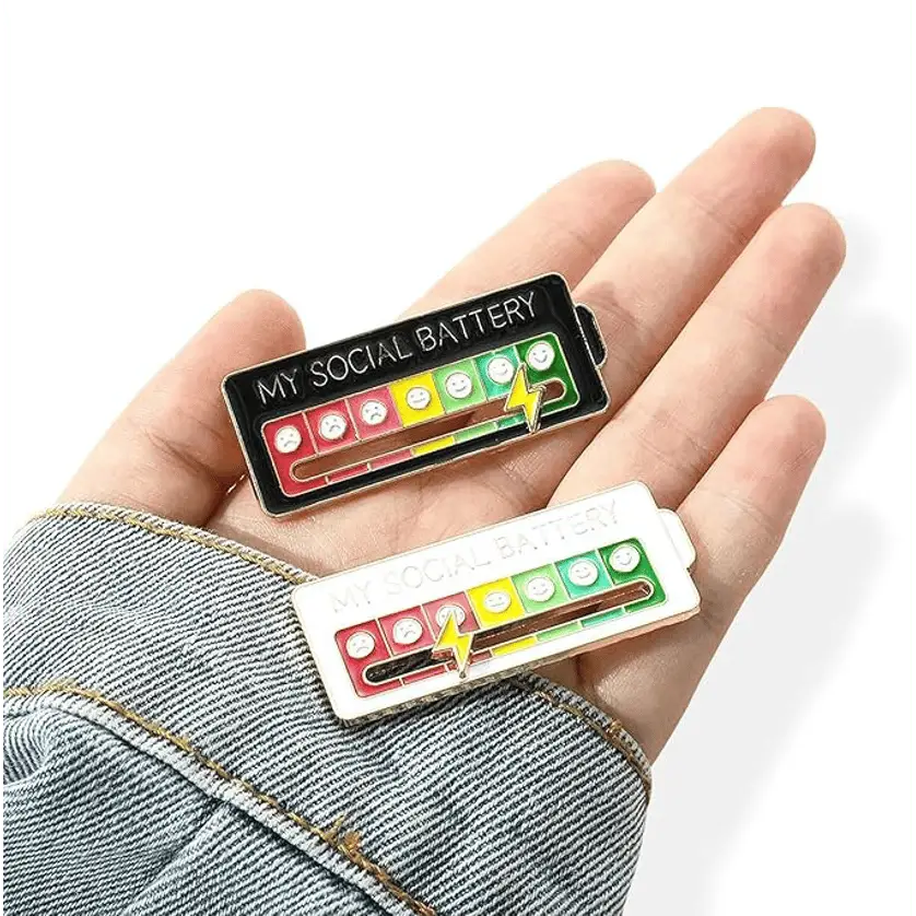 (Set of 2) My Social Battery Pin Brooch Clothes Lapel Pin Badge - Black / White