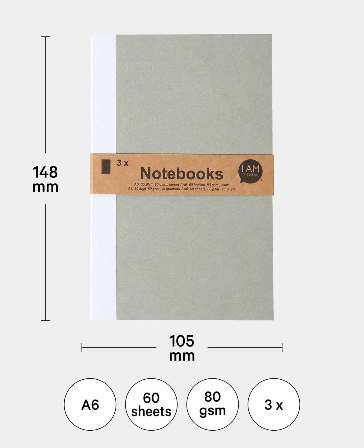 A6 Notebooks, set of 3 with graph paper, brown & grey, 60 sheets each