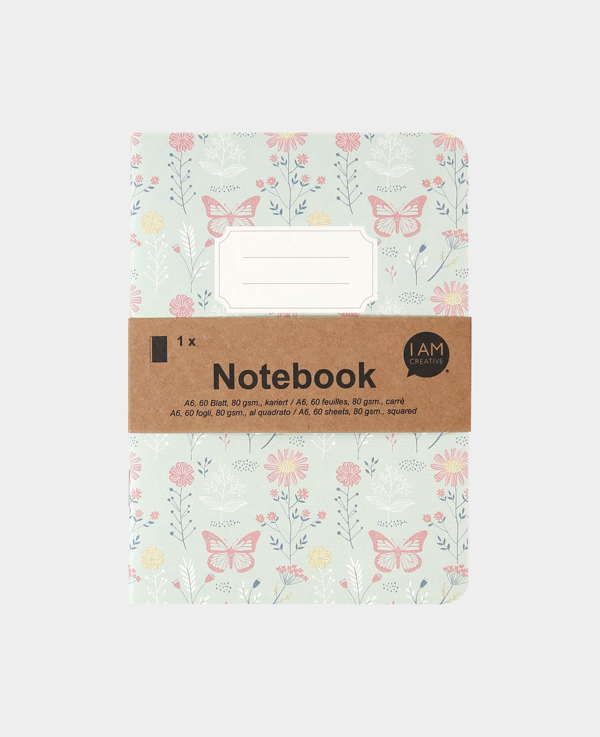 Notebook A6, Mint Grün, Blumen & Schmetterlinge, 60 Blatt