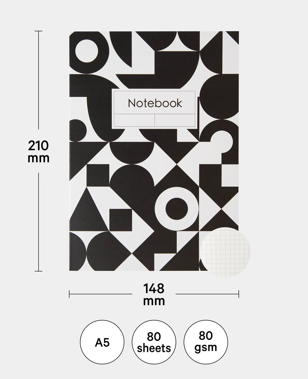 Notebook, A5, squared, black/white, 80 gsm, 148 x 210 mm, 80 sheets