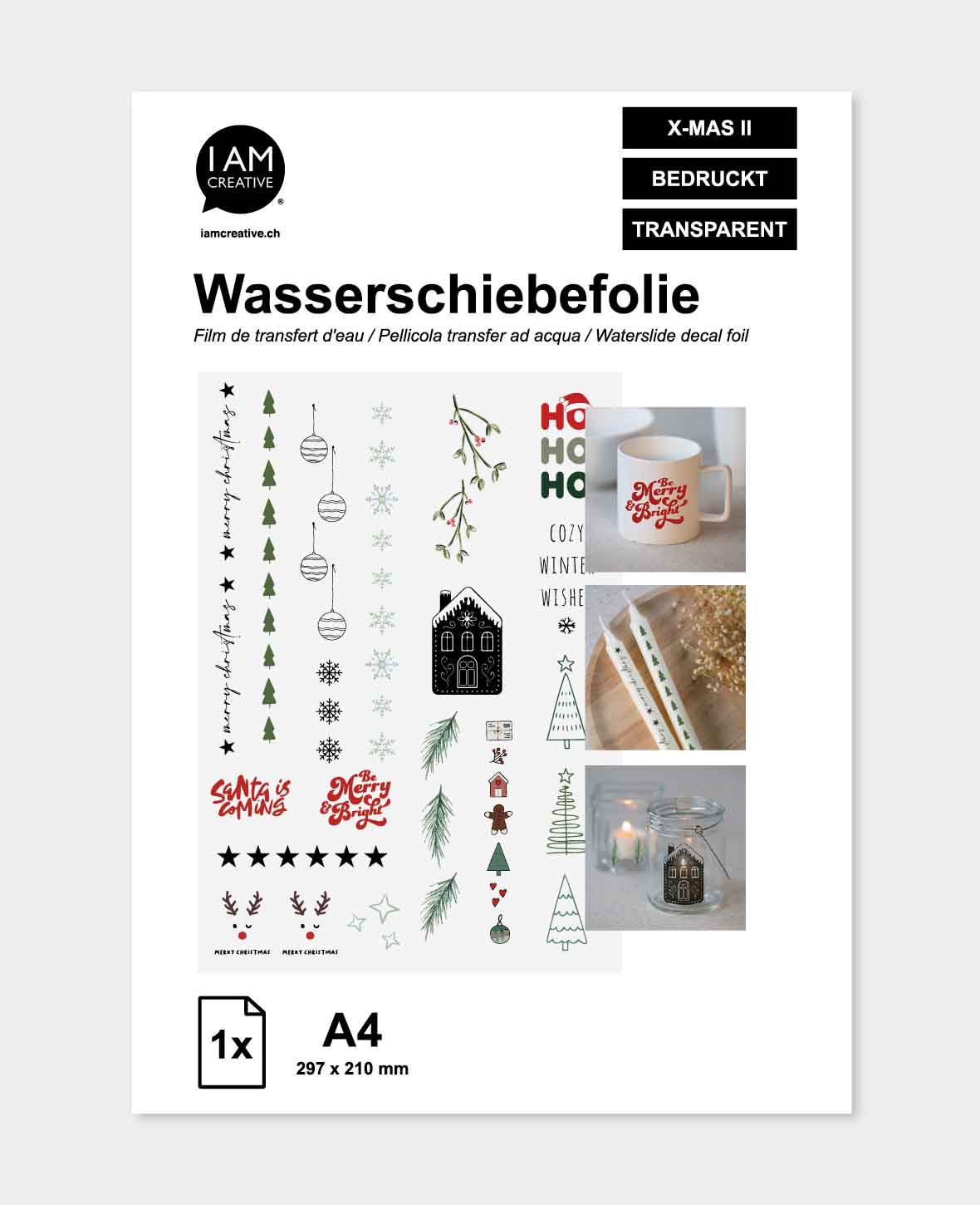 Wasserschiebefolie X-Mas II, A4 (21 x 29,7 cm), Kerzentattoos mit Weihnachtsmotiven, transparent mit Aufdruck
