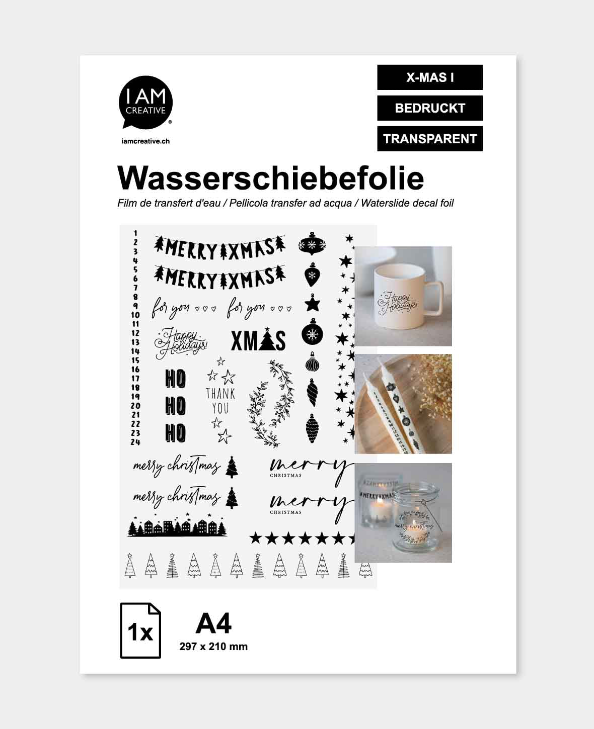 Wasserschiebefolie X-Mas I, A4 (21 x 29,7 cm), Kerzentattoos mit Weihnachtsmotiven, transparent mit Aufdruck