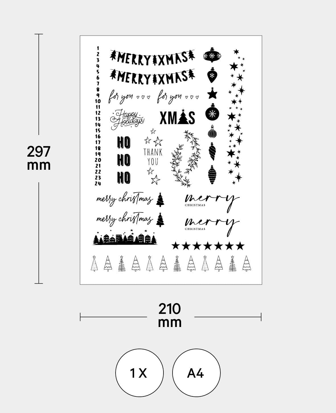 Wasserschiebefolie X-Mas I, A4 (21 x 29,7 cm), Kerzentattoos mit Weihnachtsmotiven, transparent mit Aufdruck