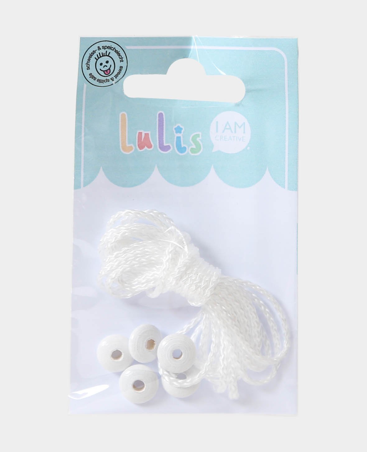 Cordon pour attaches-sucettes, blanc, 1,5 m & 5 perles lentilles
